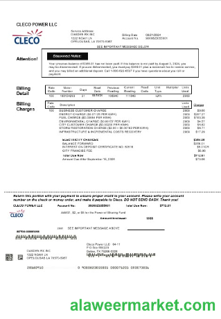 USA Louisiana Cleco Power electricity business utility bill template in Word and PDF formats